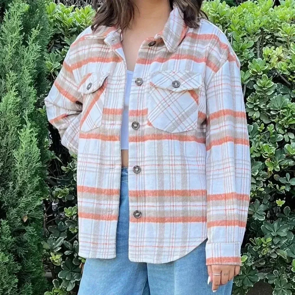 Plaid Flannel Shacket Oversized Khaki Oatmeal Thick Soft Cozy Material Pockets